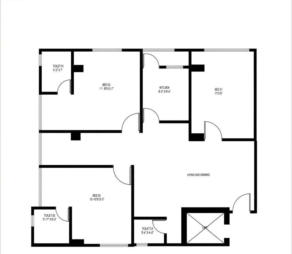 Black ink floor layout plan of a three-bedroom flat showing walls, door swings and window breaks with a north arrow