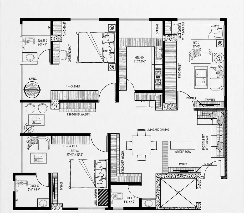 The same three-bedroom flat as a furniture layout plan with beds, wardrobes, sofa, dining table and kitchen units drawn in