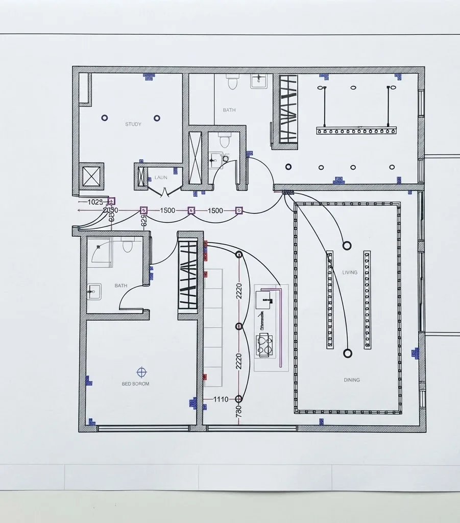 Black ink lighting and power plan of an apartment with outlet, switch and light symbols and dimension lines to each fitting