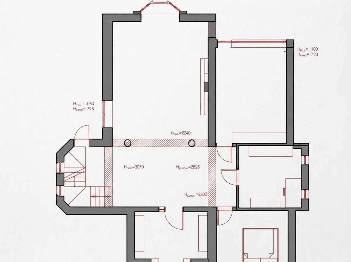 Black ink measured survey plan of an existing house with dimension strings along every wall, room areas and ceiling heights marked in red
