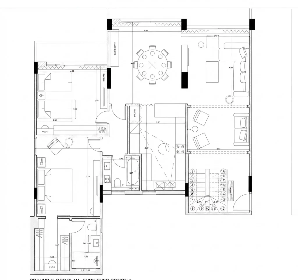 Black ink ground floor plan of a house with a numbered stair, dining table, sofas and bathrooms, furnished option one