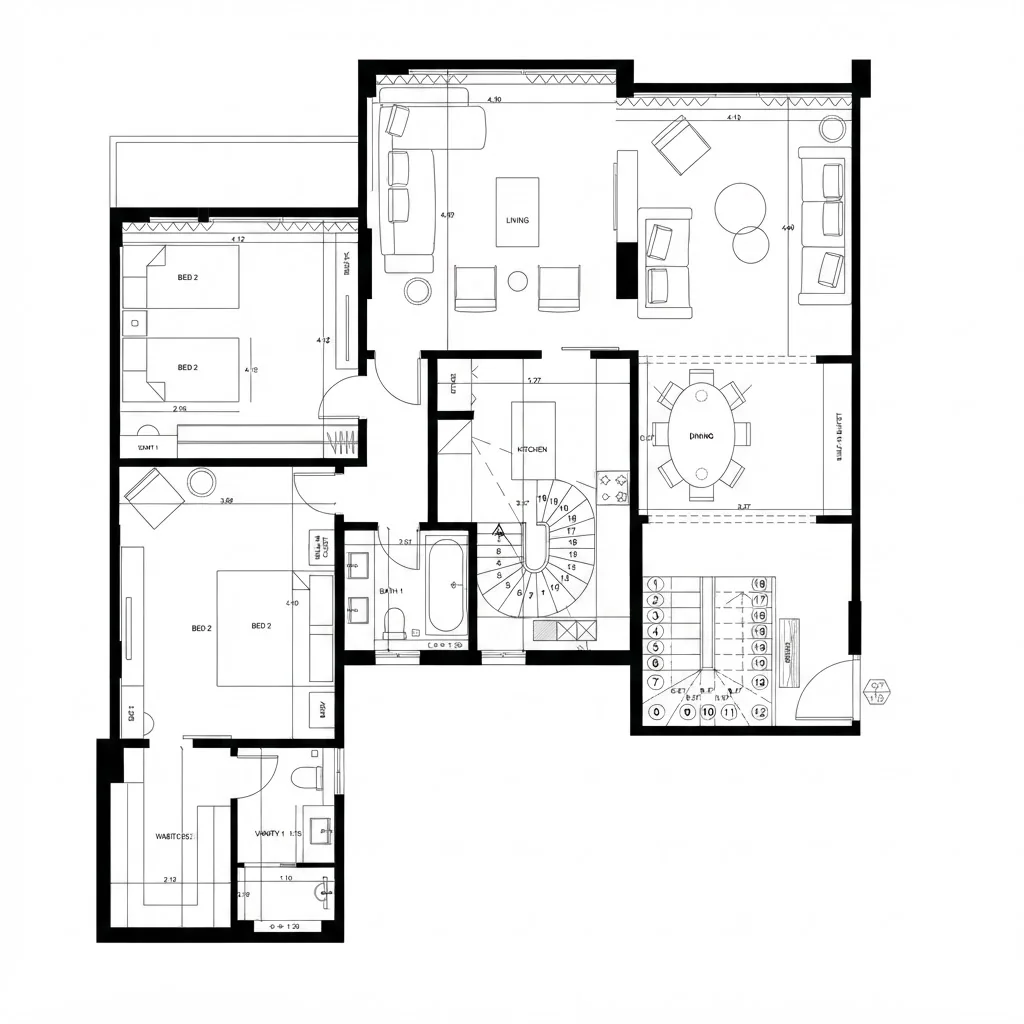 Black ink ground floor plan of the same house with a spiral stair and an alternative furniture arrangement