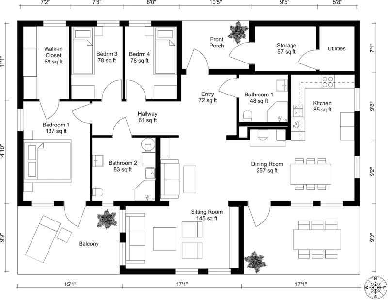 Two-dimensional floor plan of a flat with labelled rooms, a balcony and dimension strings, the input to the floor plan to 3D tool