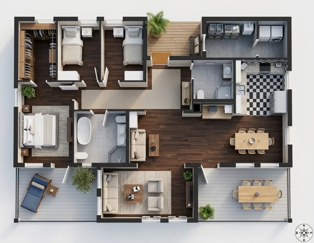 Photorealistic 3D top-down render of the same flat produced by MeltFlex from the 2D plan, walls, doors, windows and furniture in place