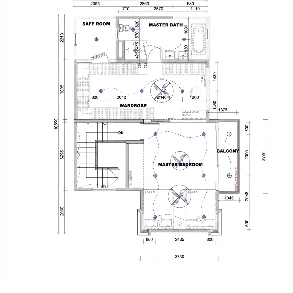 Black ink reflected ceiling plan of a master bedroom suite with ceiling fans, downlights, cove lighting and dimension strings