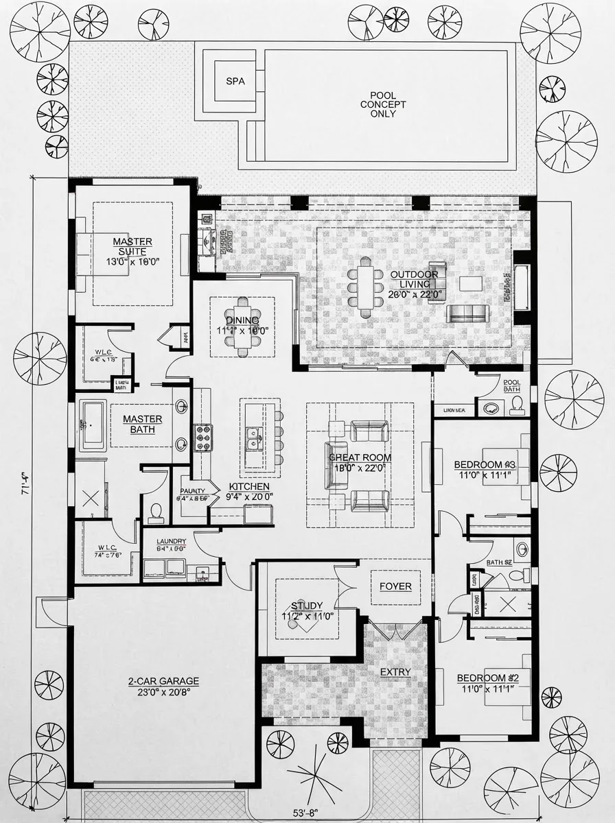 Black ink site plan of a single-storey house on its lot with the room layout, two-car garage, pool, spa, outdoor living area and trees drawn as plan symbols