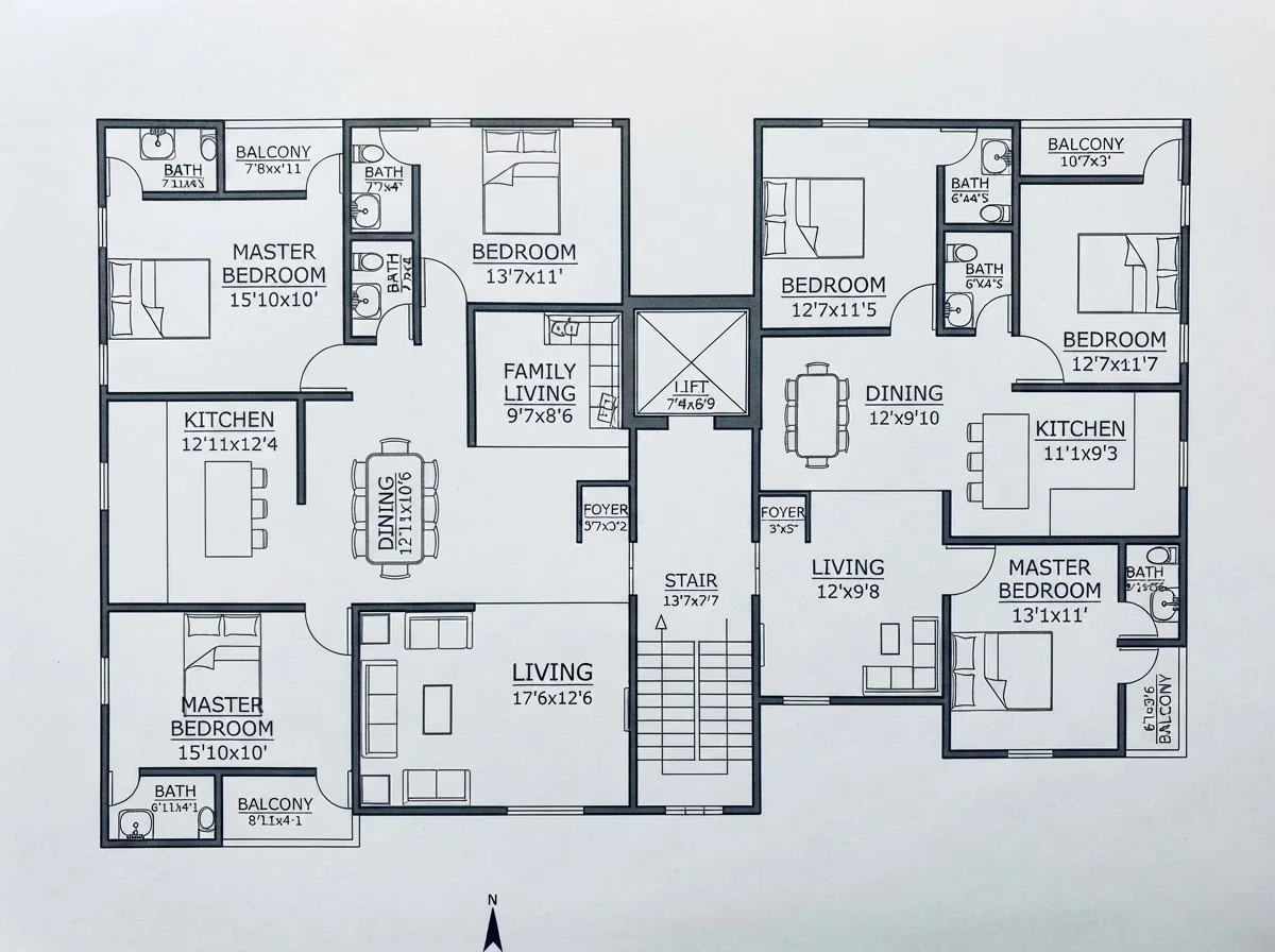 Black ink typical floor plan of an apartment building with only walls, doors, windows, stairs and a lift shaft