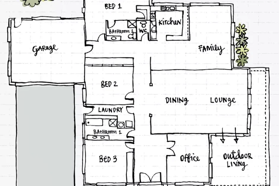 A hand-drawn floor plan with labeled rooms including bedrooms, a kitchen, a family room, a garage, a laundry and an office, ready to upload