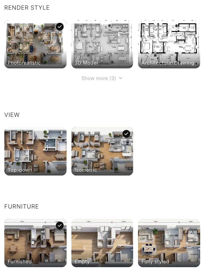 The MeltFlex floor plan to 3D controls: render style cards for photorealistic, 3D model and architectural drawing, view cards for top-down and isometric, and furniture cards for furnished, empty and fully styled