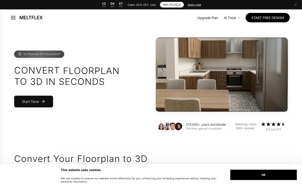 MeltFlex floor plan to 3D landing page titled Convert Floorplan to 3D in Seconds, the top ranked AI floor plan to 3D tool