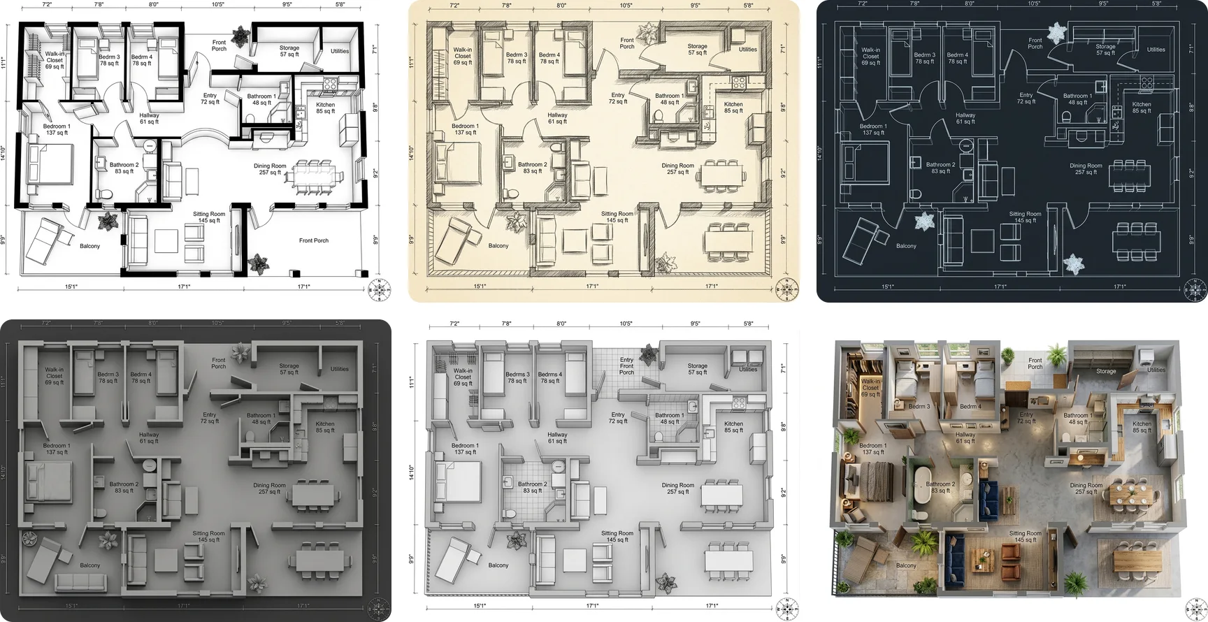 The same US ranch floor plan rendered by MeltFlex in six styles: architectural drawing, hand sketch, blueprint wireframe, grey clay model, white 3D model and photorealistic furnished render