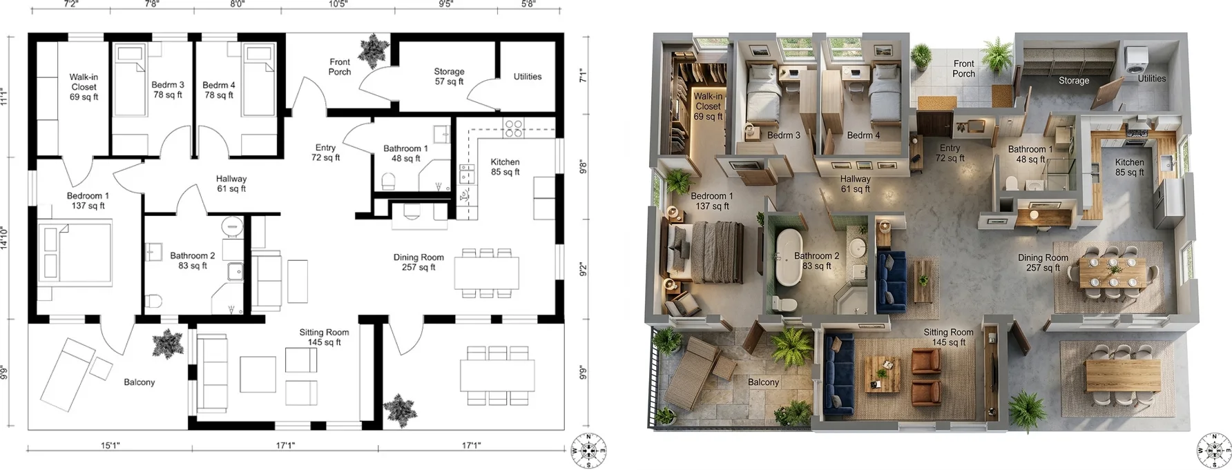 The 2D test plan on the left and the MeltFlex photorealistic top-down render on the right, with the same rooms, labels and square footage in the same positions