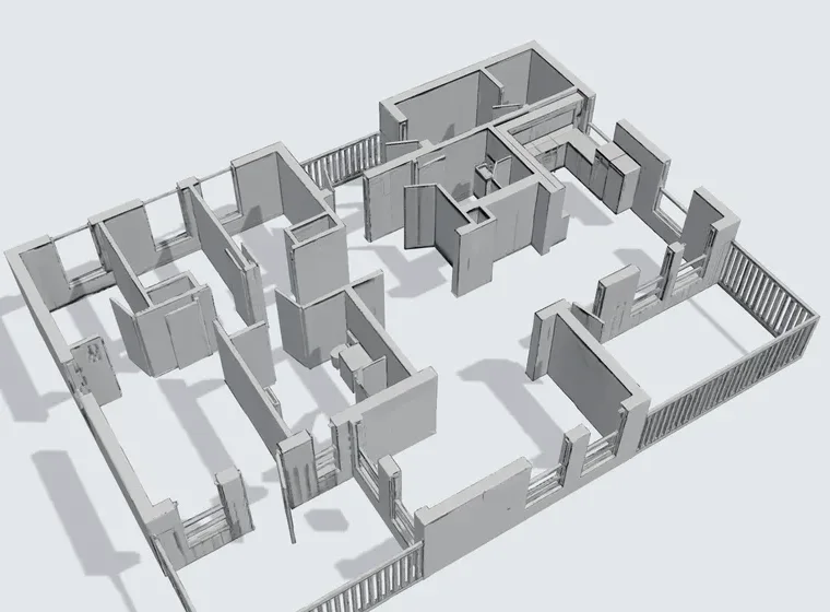 The GLB 3D model MeltFlex returned for the same plan, shown untextured with walls and door openings raised in 3D