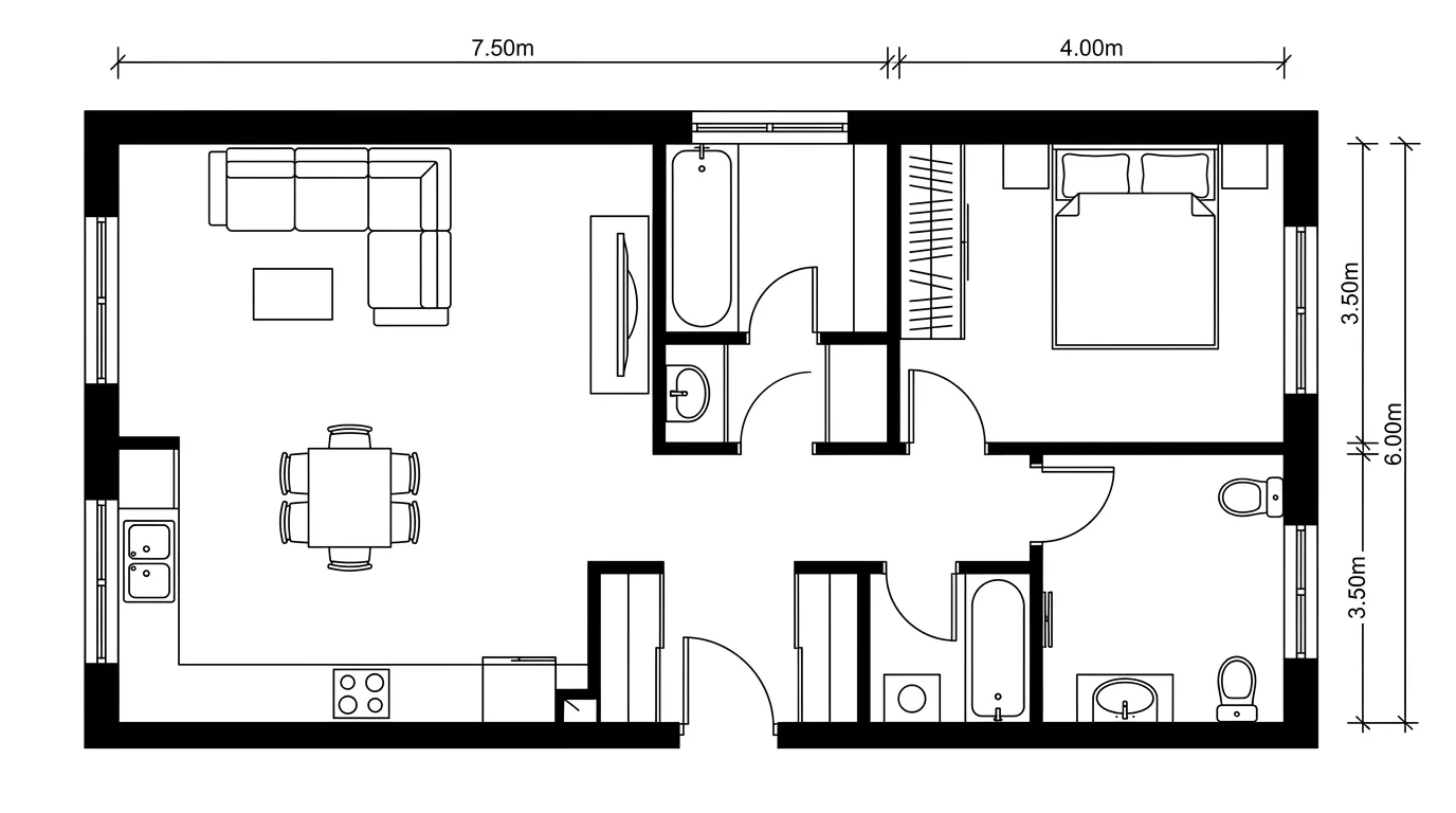 A flat 2D architectural floor plan of a one-bedroom apartment with black poché walls, door swings and dimension lines