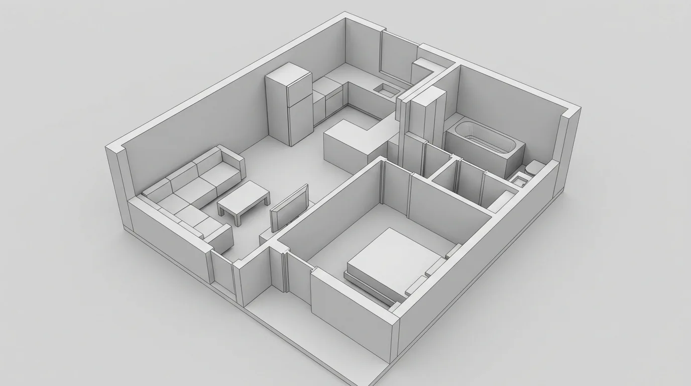 An untextured white clay 3D massing model of the same apartment shown as a doll-house cutaway with blocky furniture volumes
