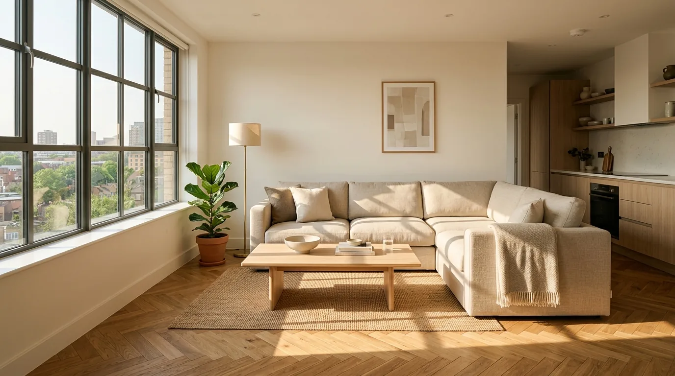 A photorealistic render of the same apartment living area with an L-shaped linen sofa, oak herringbone flooring and hard afternoon sunlight across the floor