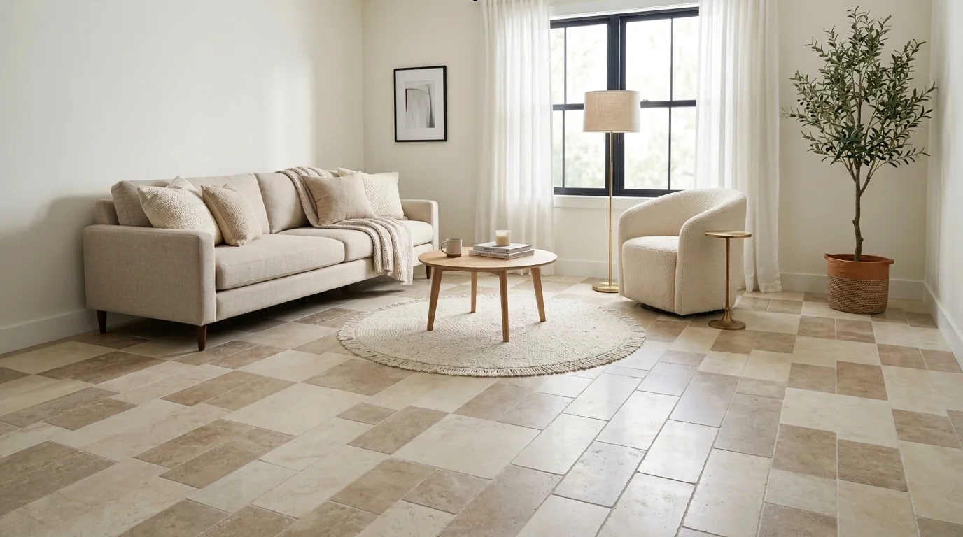 The same living room with warm checkerboard natural stone tile floor in cream limestone and taupe travertine laid diagonally