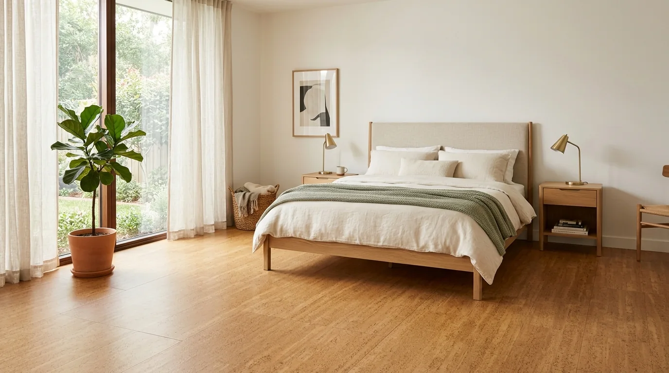 Calm bedroom with natural cork flooring in warm honey tones, white oak bed with oatmeal headboard and sage green throw