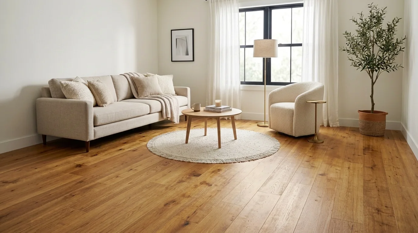 Living room with wide-plank golden oak hardwood flooring in warm honey tones with natural color variation, oatmeal sofa and cream boucle chair