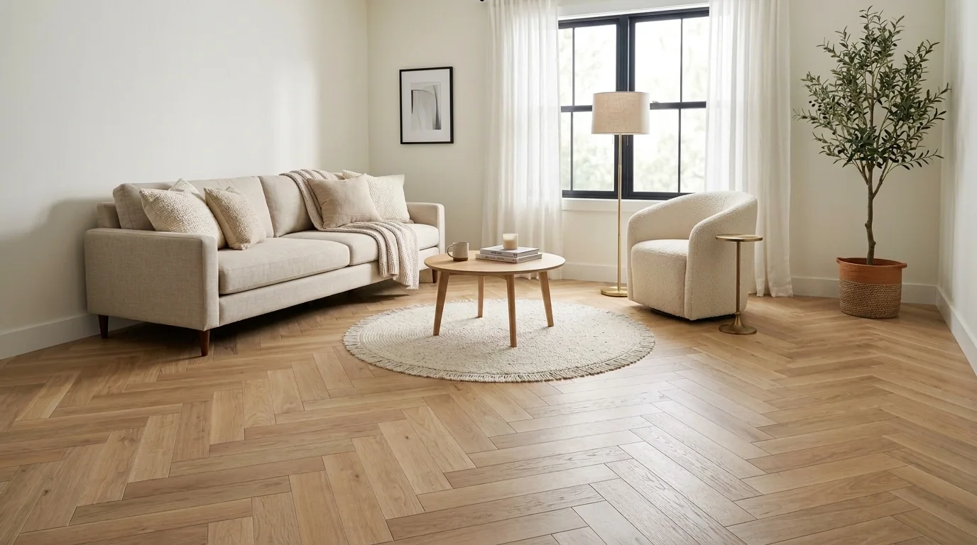 The same living room with warm white oak herringbone parquet flooring, pattern running toward the window