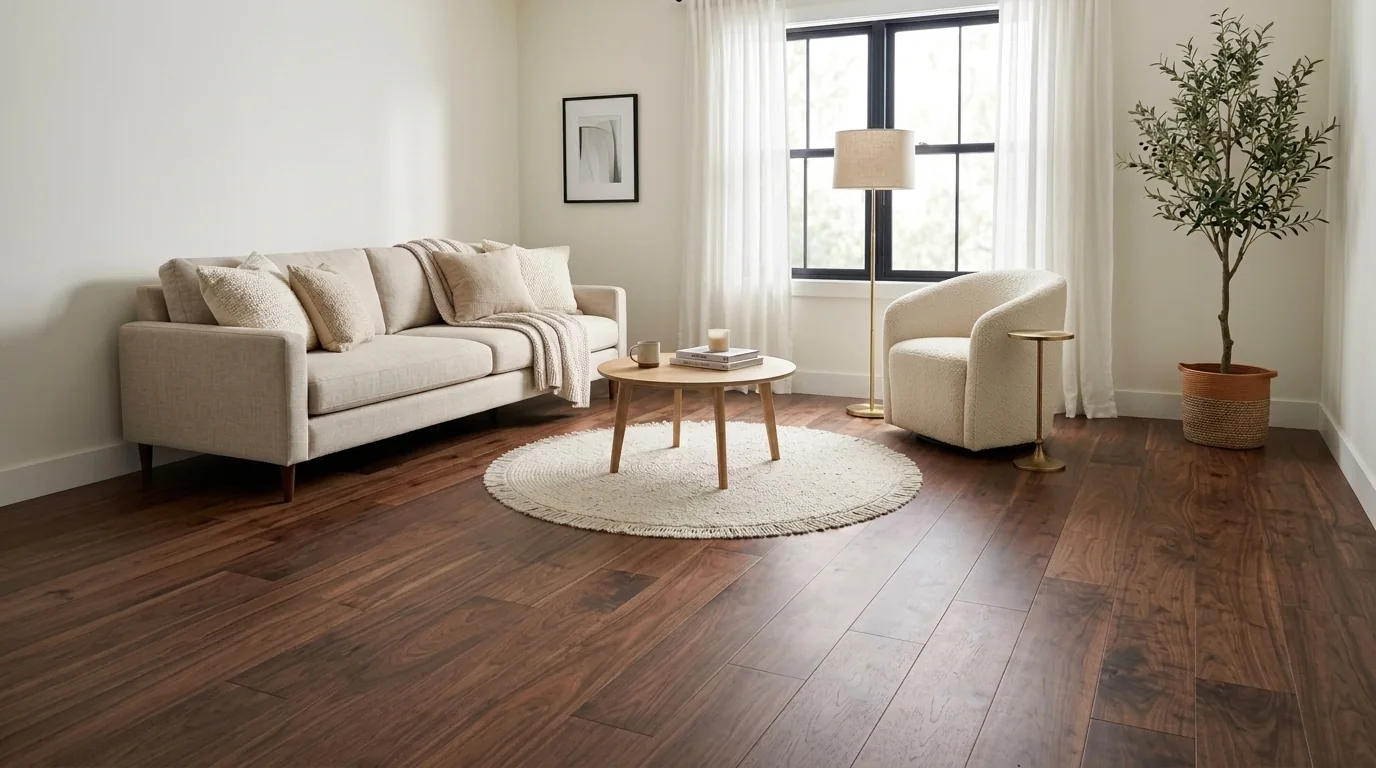 The same living room with wide-plank American walnut flooring in deep chocolate brown with flowing grain