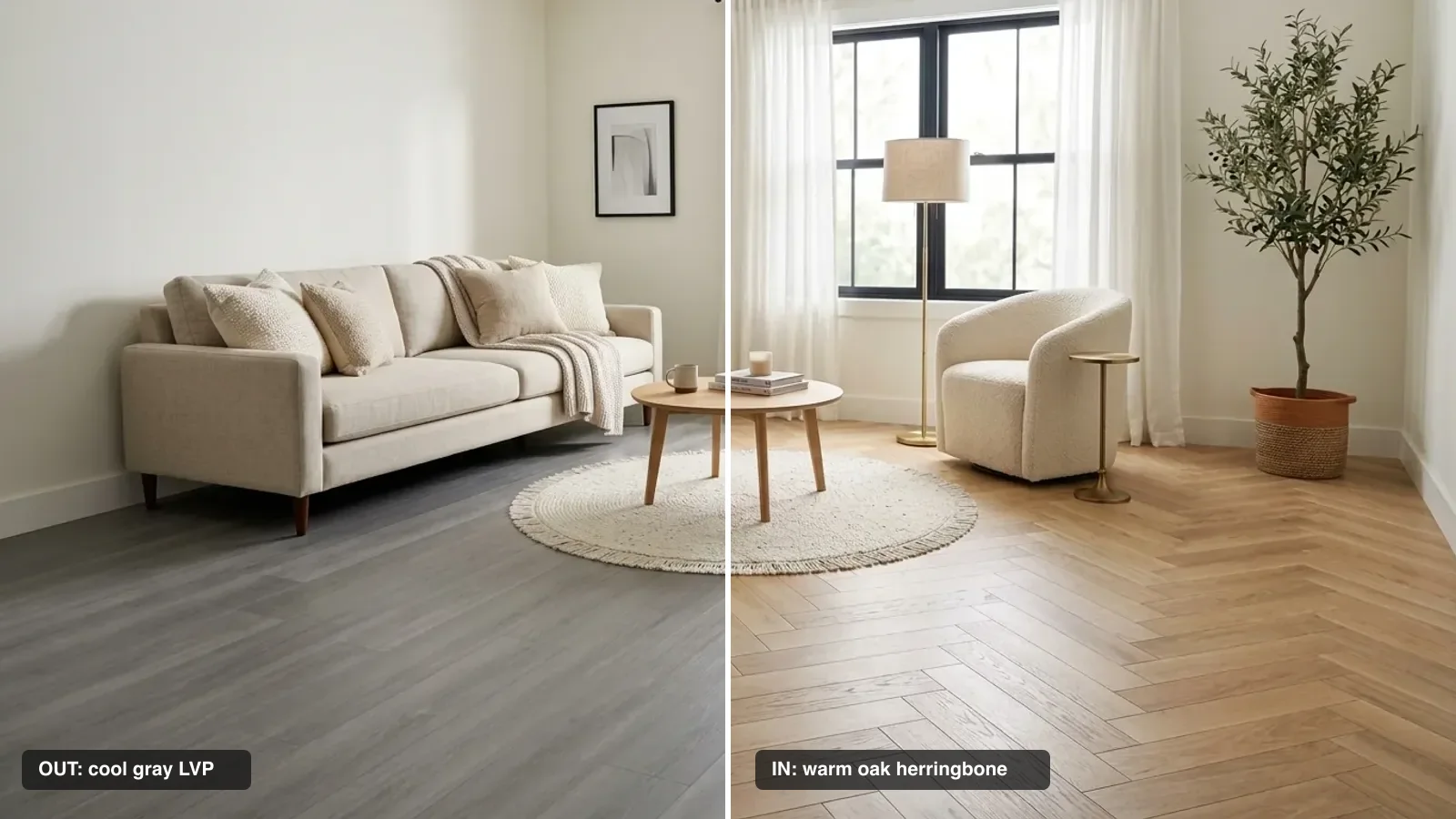 Side by side comparison of the same living room with outdated cool gray LVP flooring versus trending warm oak herringbone flooring