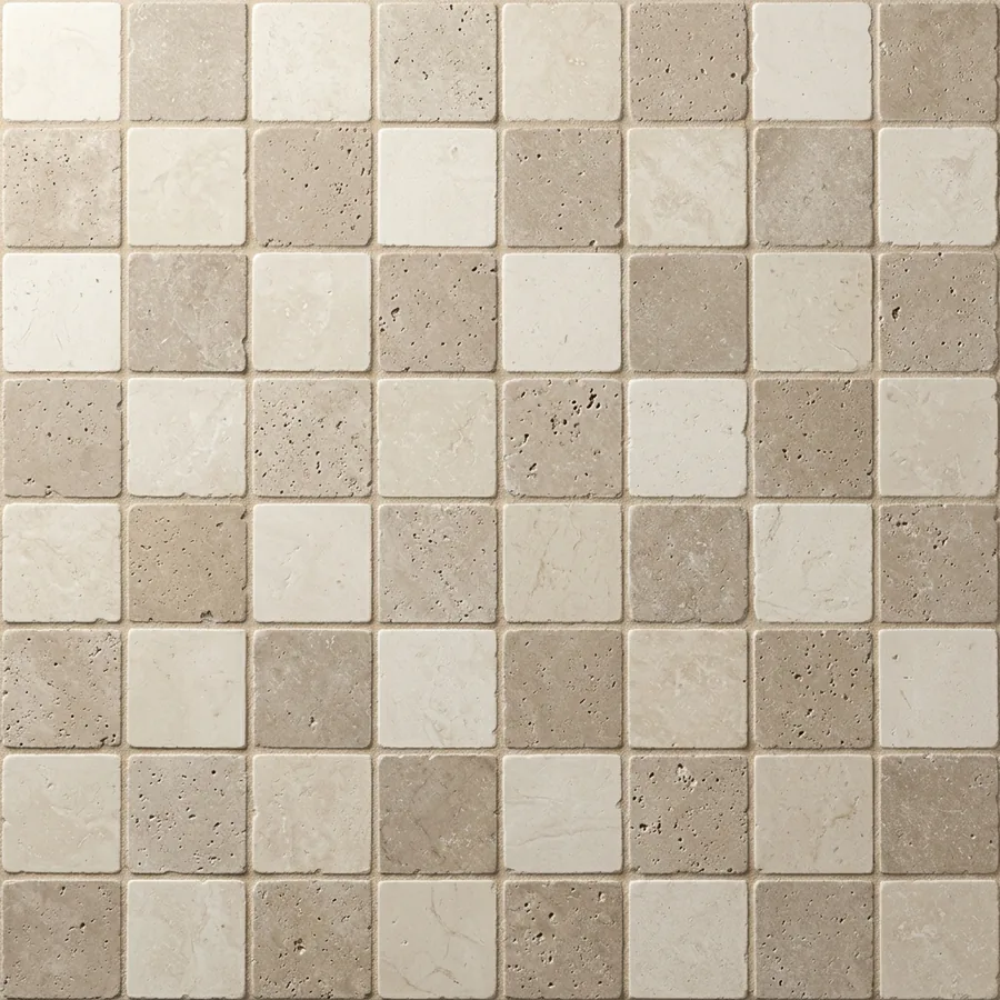 Close-up texture swatch of checkerboard stone floor tiles alternating cream limestone and taupe travertine