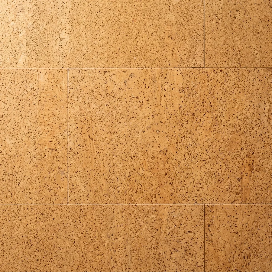 Close-up texture swatch of natural cork flooring in warm honey tones with fine speckled grain