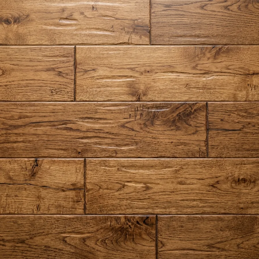 Close-up texture swatch of hand-scraped hickory flooring in caramel tones with sculpted scrape marks