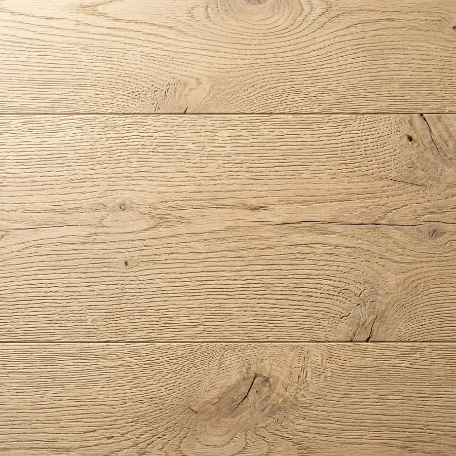 Close-up texture swatch of wire-brushed pale European oak flooring with grain standing in tactile relief