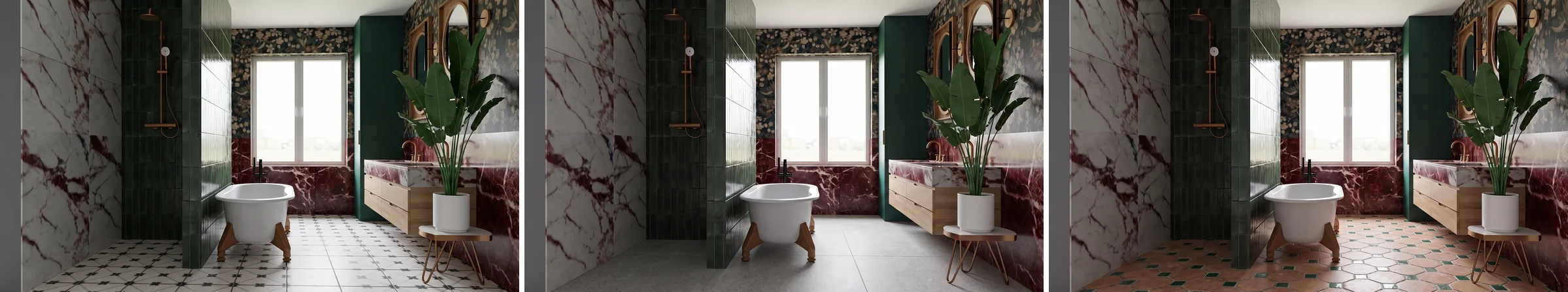 The same bathroom with a freestanding tub, green glazed shower tile, burgundy marble and a floral papered wall shown three times, floored in black and white patterned tile, pale grey terrazzo and terracotta octagon tiles with green glazed inserts
