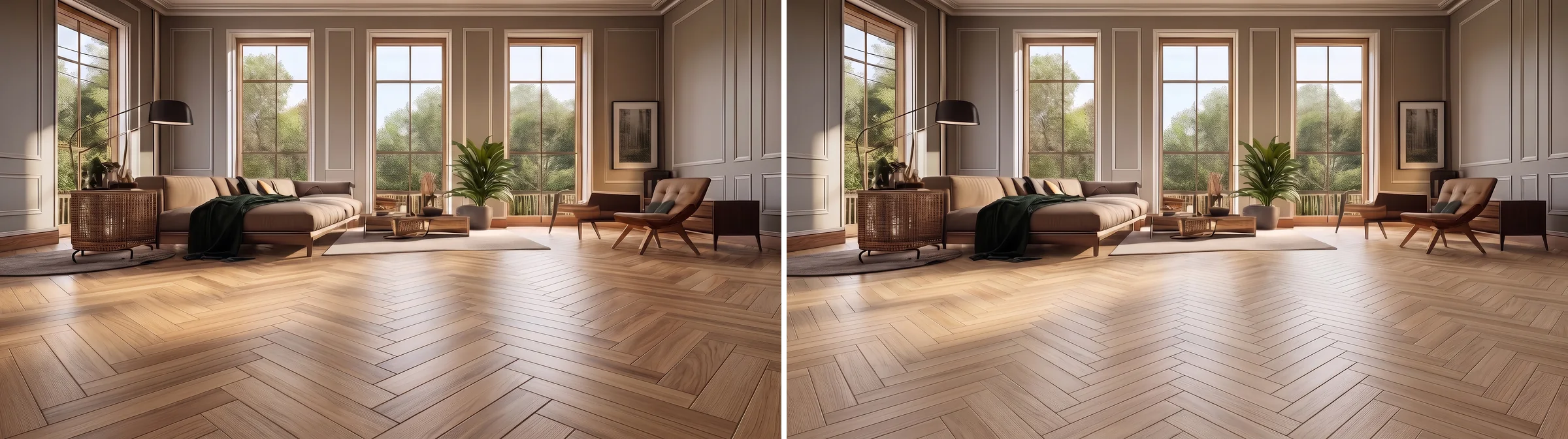 The same living room shown twice with pale oak herringbone parquet, the two panels nearly identical, the herringbone running on the same diagonal toward the windows in both