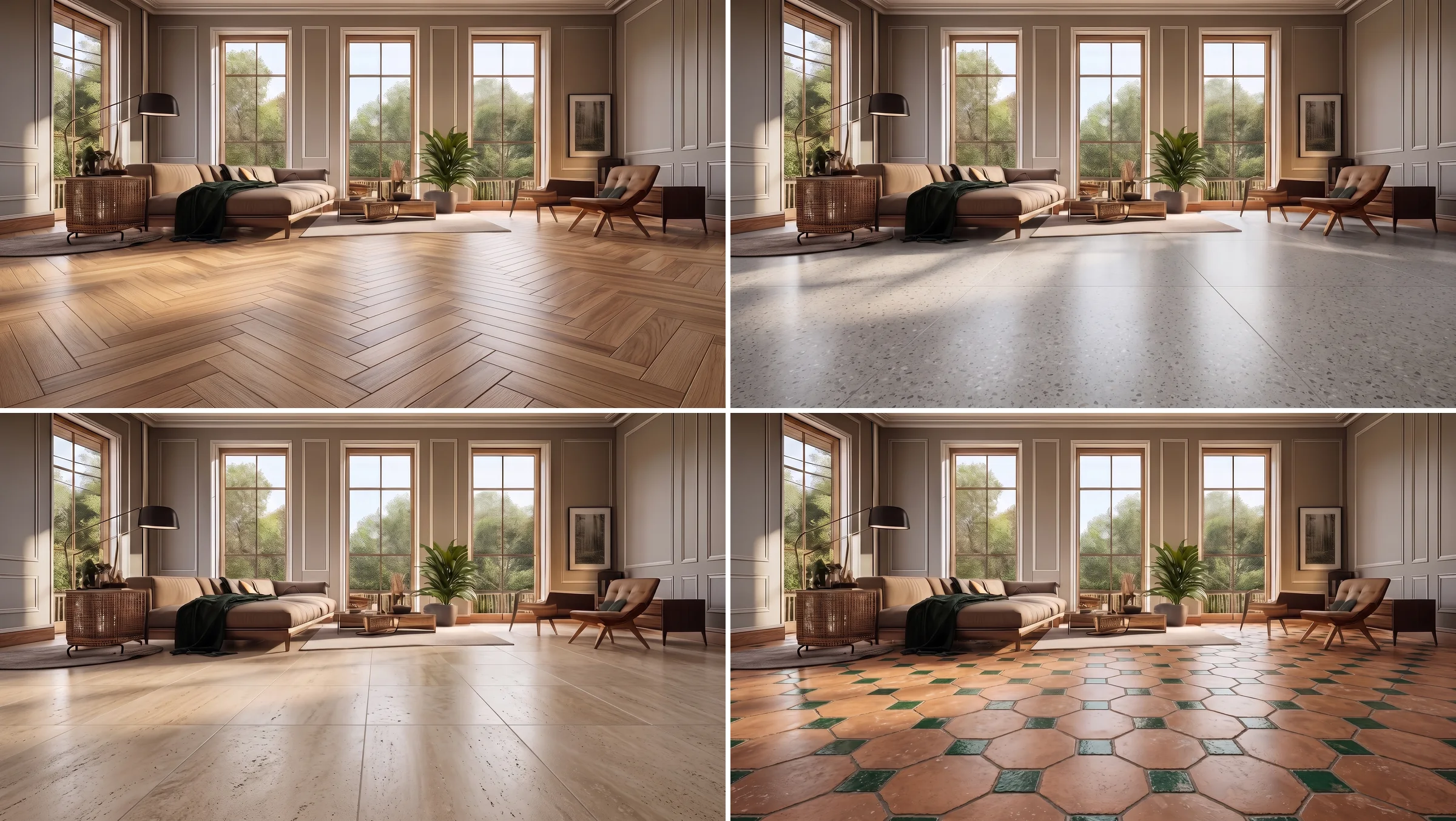 A grid of four panels showing the identical panelled living room with three tall windows, a beige sofa with a green throw, a cream rug, a palm and a leather lounge chair, floored in oak herringbone parquet, pale grey terrazzo slabs, large-format honed travertine and terracotta octagon tiles with green glazed inserts