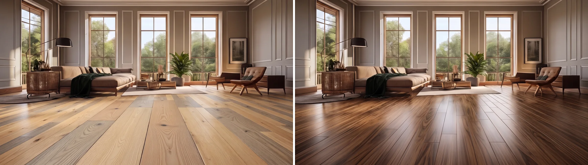 The same living room shown twice with identical furniture and three tall windows, once floored in light natural oak wide planks with visible knots and once in dark walnut planks, the walls, rug and windows unchanged