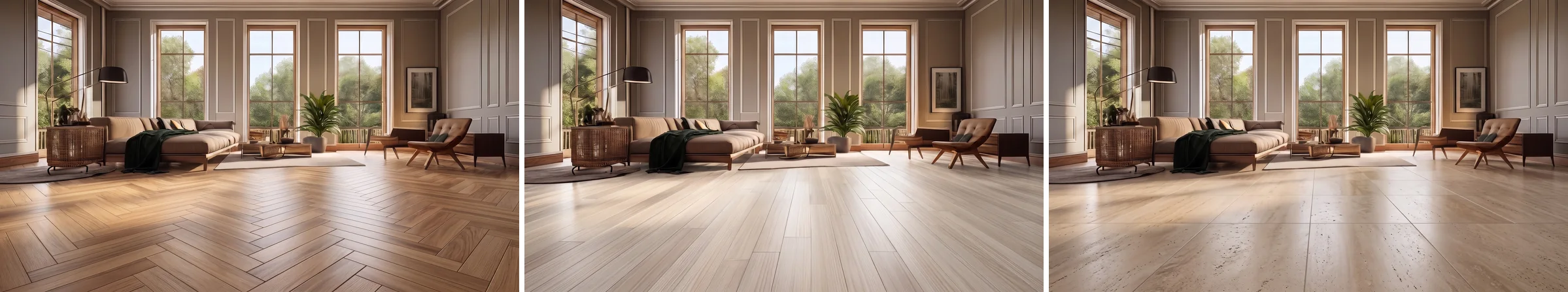 The same living room shown three times with identical furniture, floored in small-block oak herringbone, very wide pale whitewashed ash planks and large-format honed travertine slabs
