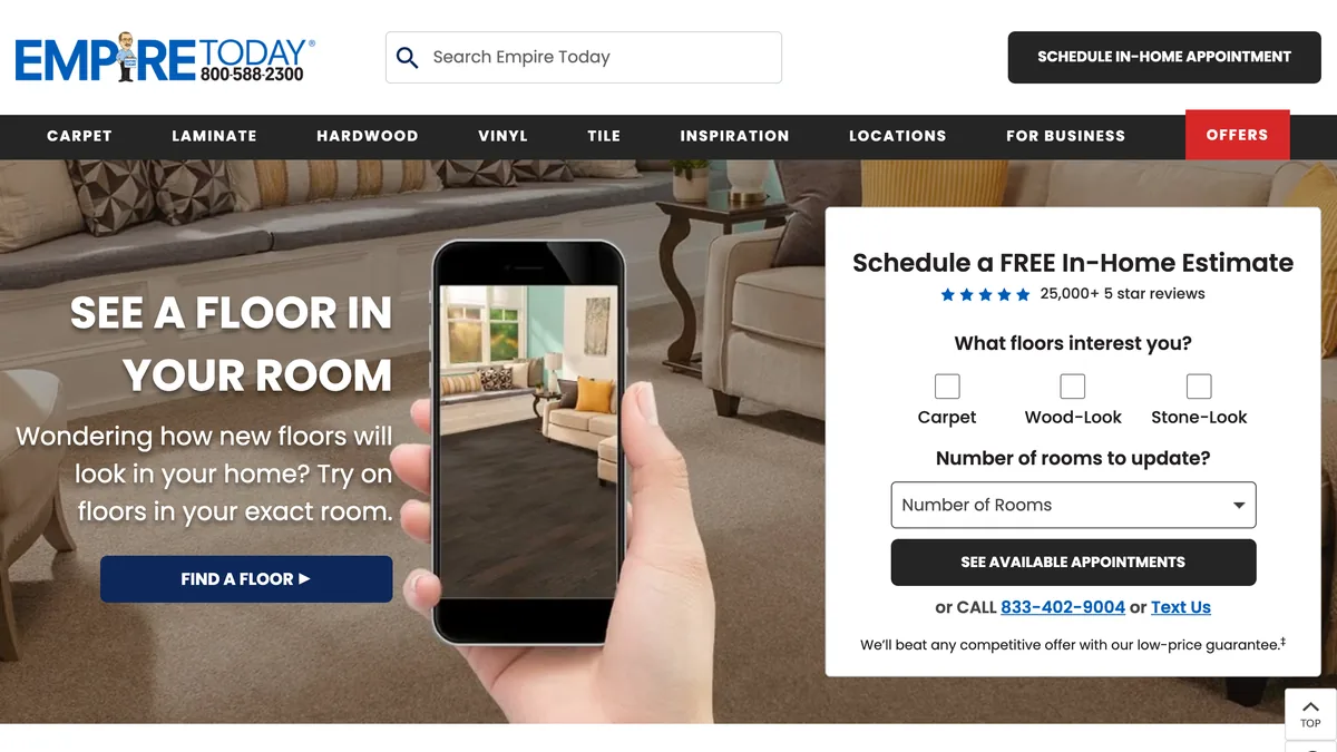 The Empire Today See a Floor in Your Room page, with a hand holding a phone showing a living room with dark flooring, a Find a Floor button and a Schedule a Free In-Home Estimate form