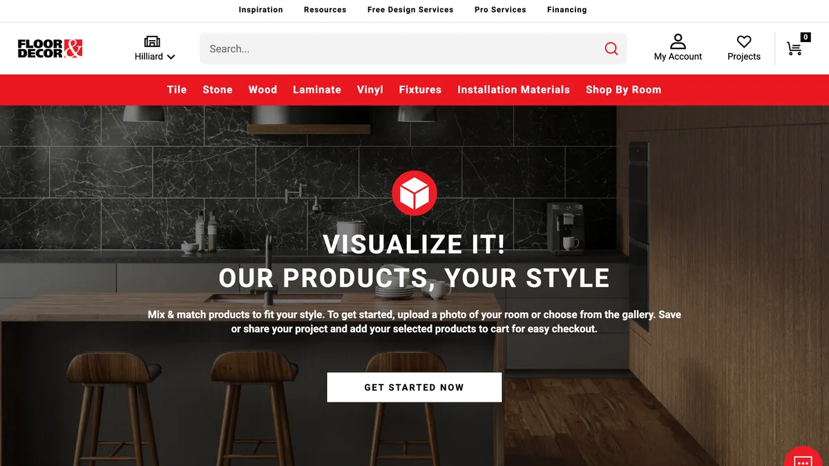 The Floor & Decor Visualize It page over a dark kitchen with black marble wall tile, reading Our Products, Your Style, with instructions to upload a photo of your room or choose from the gallery and a Get Started Now button