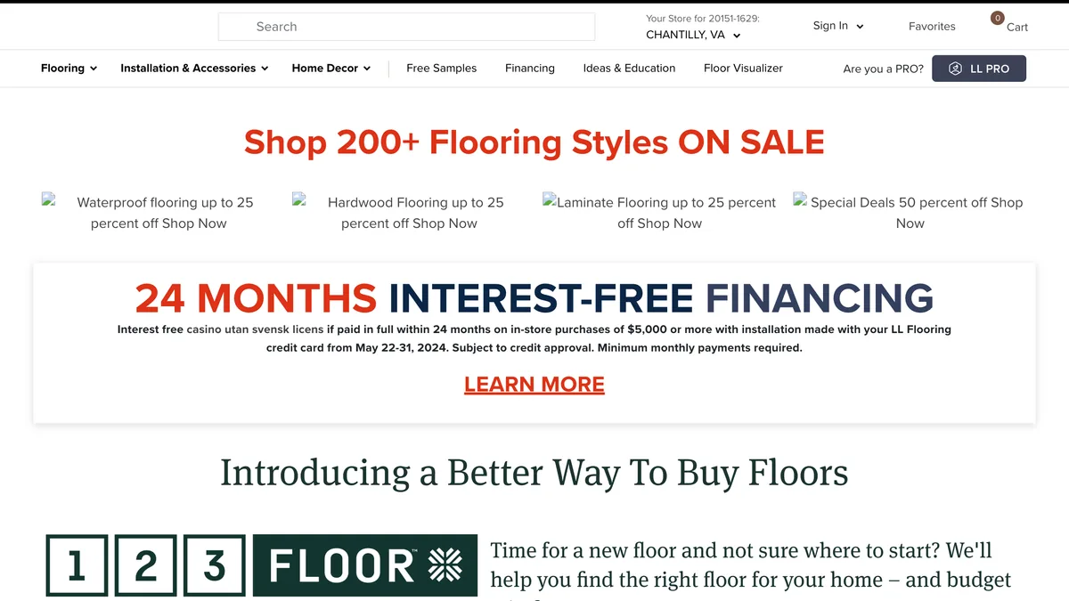 The LL Flooring homepage with a Floor Visualizer link in the main navigation, an offer of four free flooring samples and a promotion for over 200 flooring styles on sale