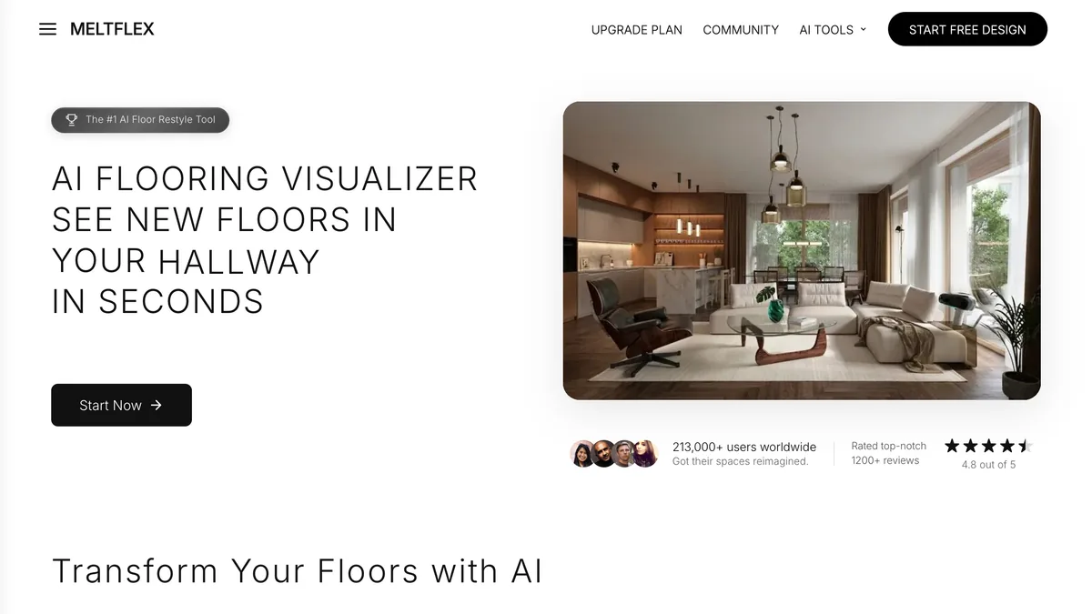 The MeltFlex floor restyle page, with an AI flooring visualizer headline over an open-plan living room render with parquet flooring and a Start Now button