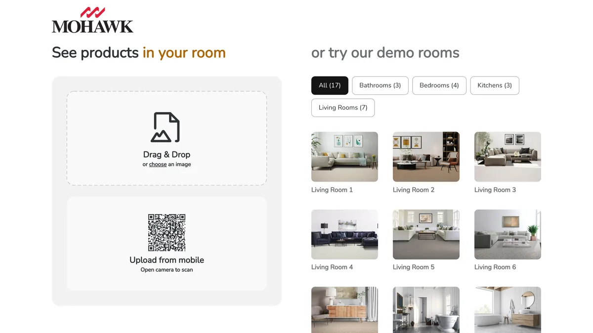 The Mohawk room visualizer at its roomvo.com address, with a drag and drop upload box, a QR code to upload from a phone, and a gallery of seventeen demo living rooms, bedrooms, kitchens and bathrooms