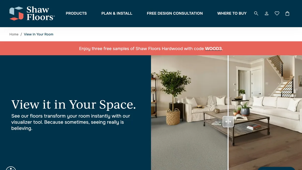 The Shaw Floors View it in Your Space page with a before-and-after slider over a cream sofa living room, grey carpet on one side and wood plank on the other, and a banner offering three free hardwood samples