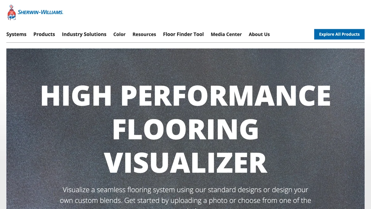 The Sherwin-Williams High Performance Flooring Visualizer page, a headline over a speckled grey resin floor texture with instructions to upload a photo or choose from the scenes below