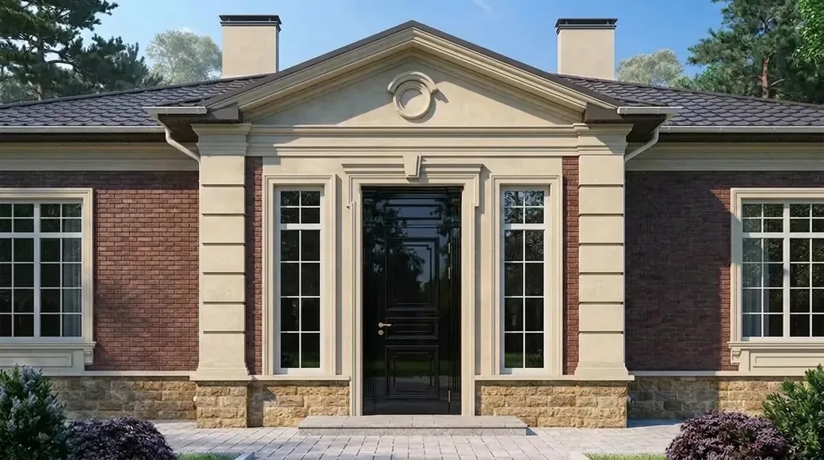 The same red brick house with the front door painted glossy black