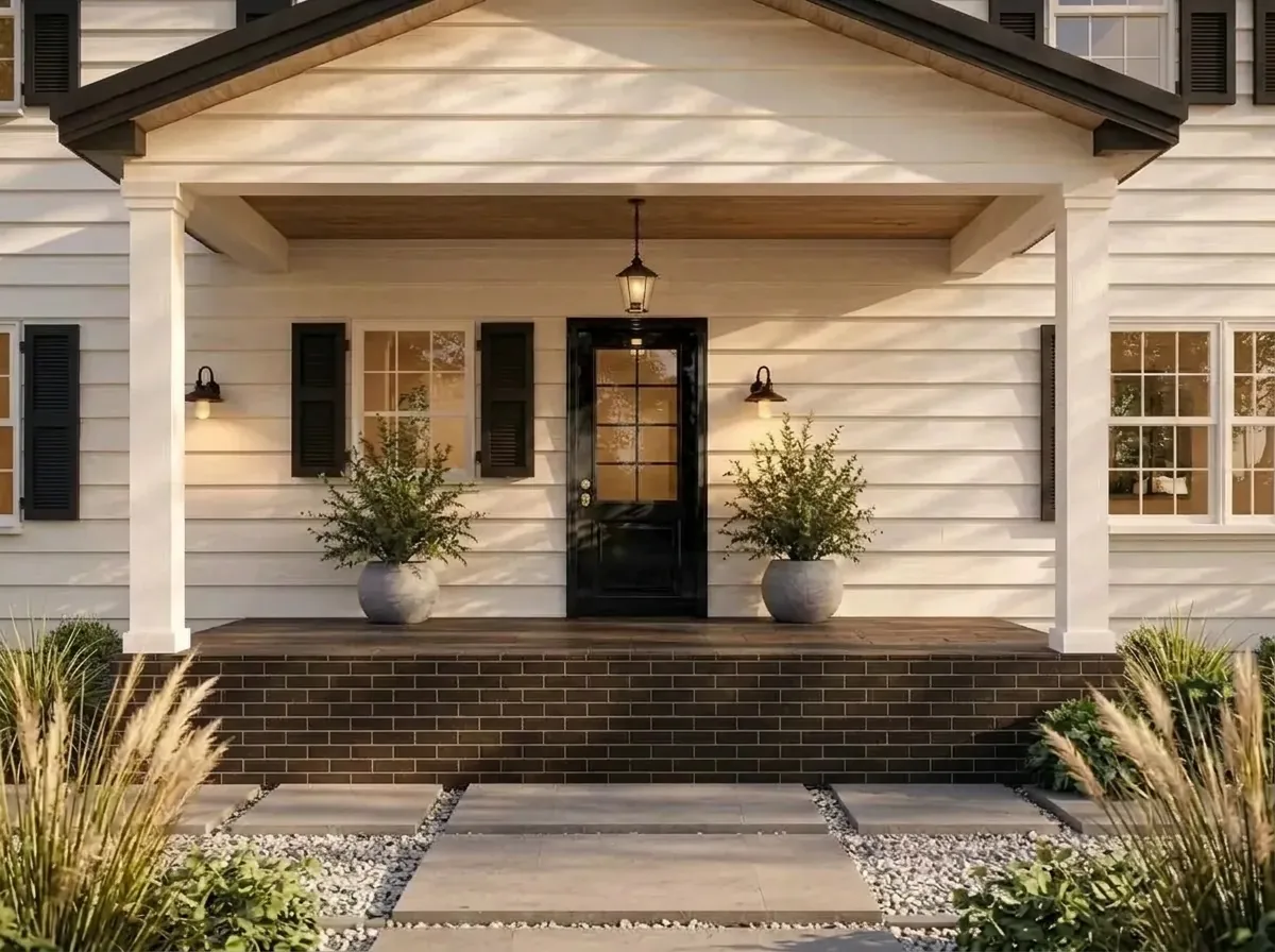 White lap siding colonial porch with black shutters, a brass lantern and potted shrubs, the front door painted glossy black