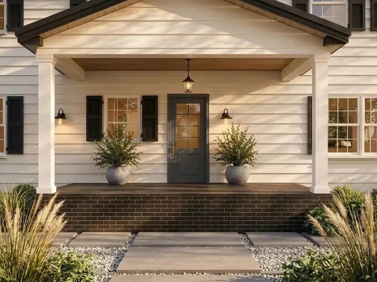 The same white colonial with the front door painted charcoal gray