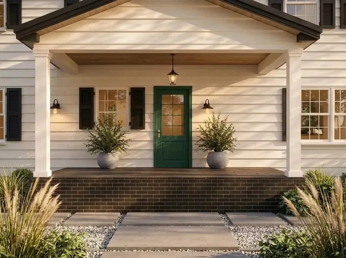 The same white colonial with the front door painted dark forest green