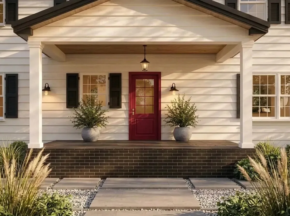 The same white colonial porch with black shutters, the front door painted a deep classic red