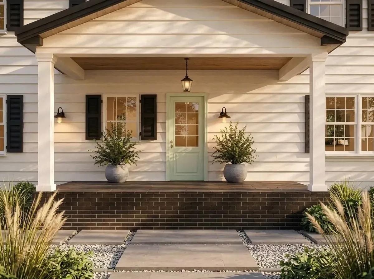 Starting image: a white lap siding colonial with black shutters, a gabled portico on square columns, a pale sage green half glass front door, a hanging lantern and two planters on a brick porch