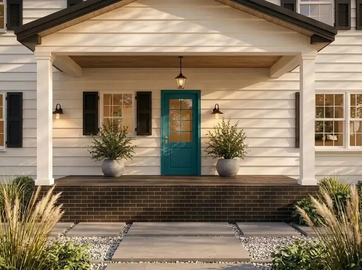 The same white colonial with the front door painted deep teal