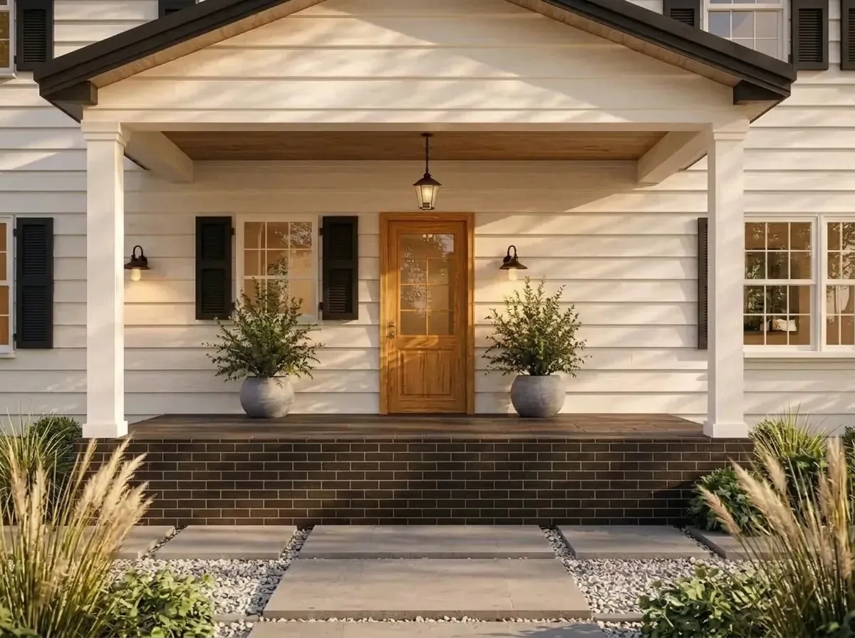 The same white colonial with the front door replaced by a natural stained oak wood door